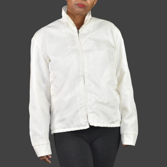 Vintage California White Matte Satin Bomber Jacket Faux Fur 70s Zip Front Small - Picture 1 of 15